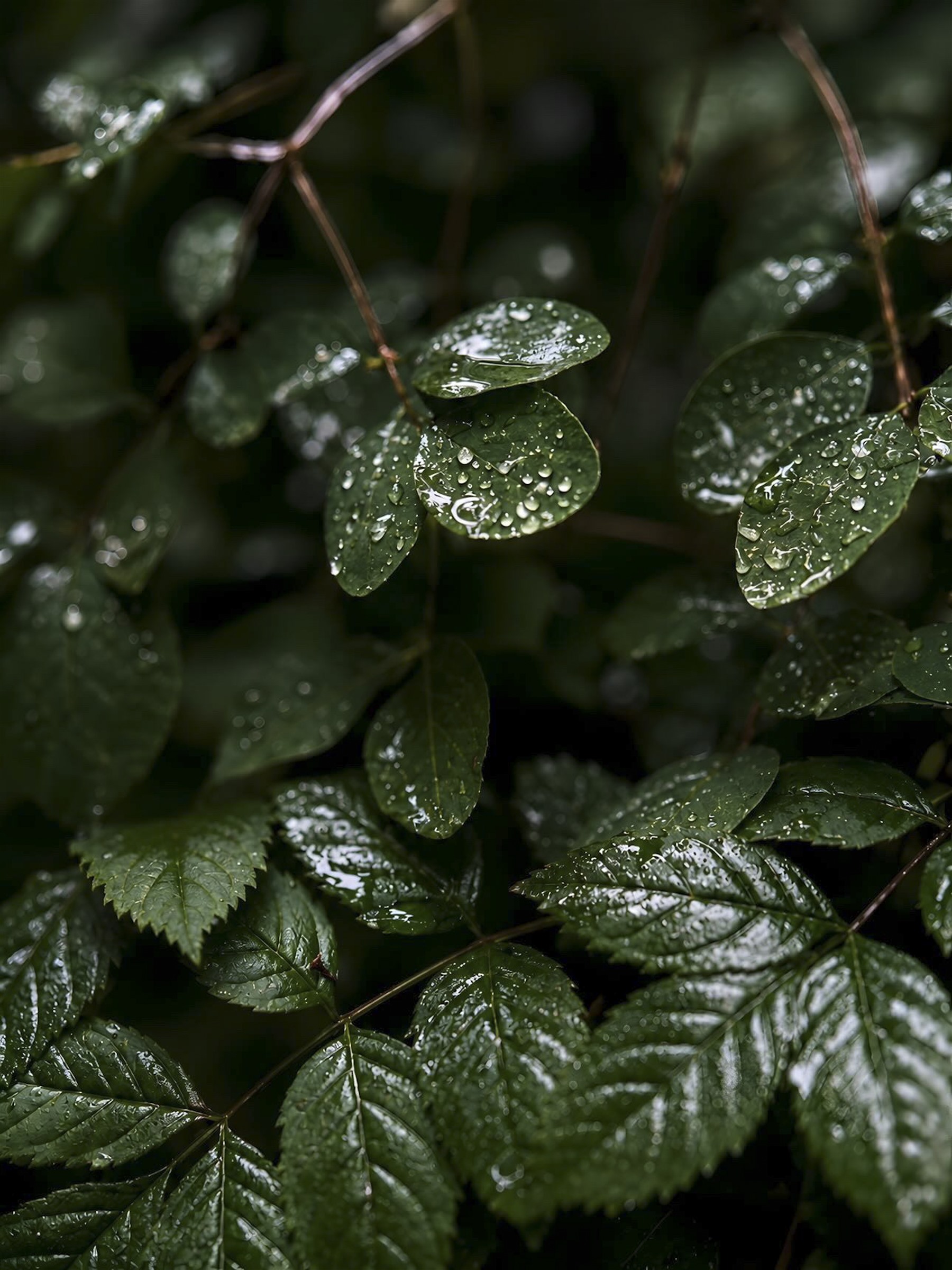Glossy green leaves holding beads of rain