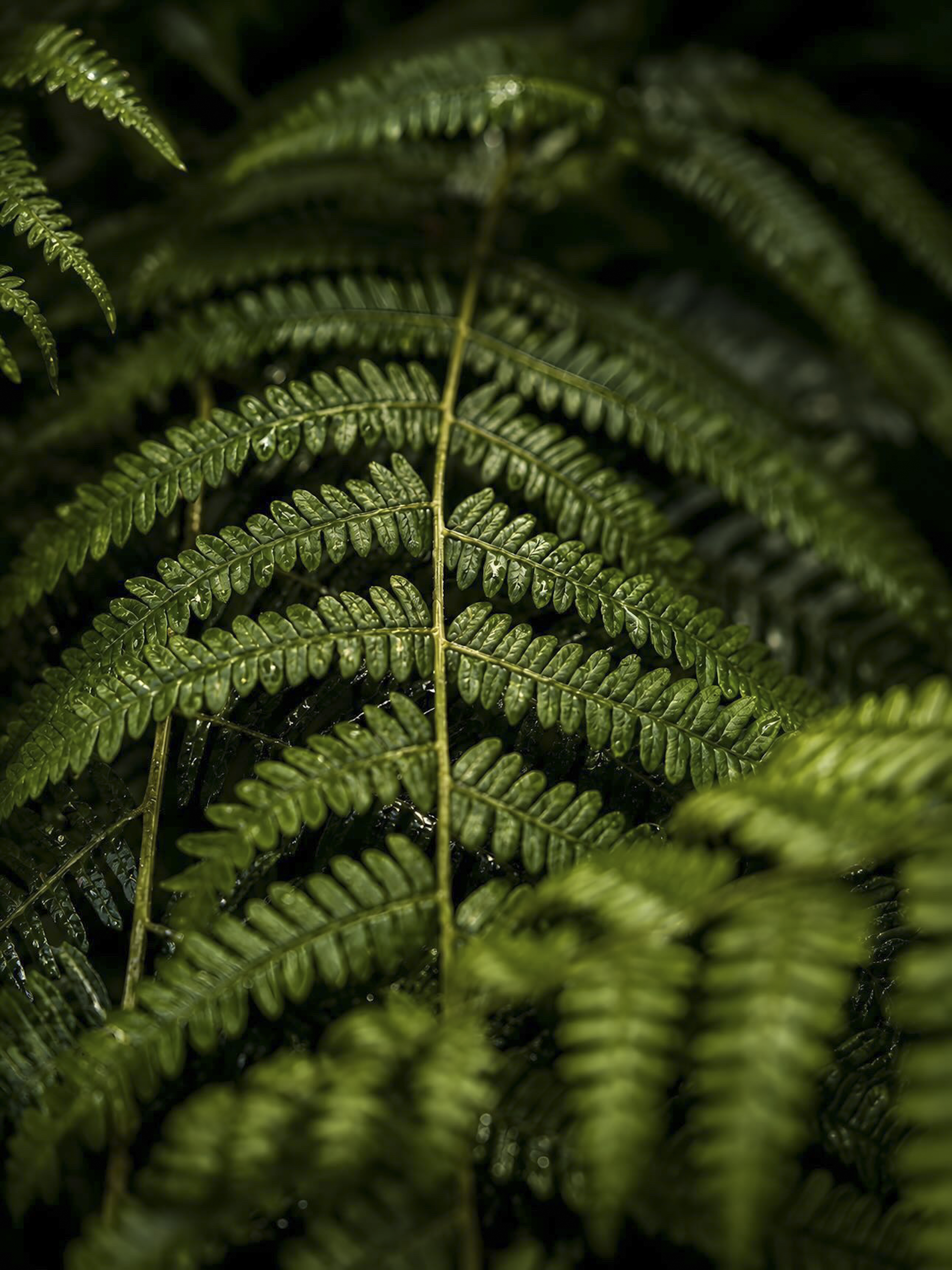 Fern leaves emerging from the forest floor are brought into focus